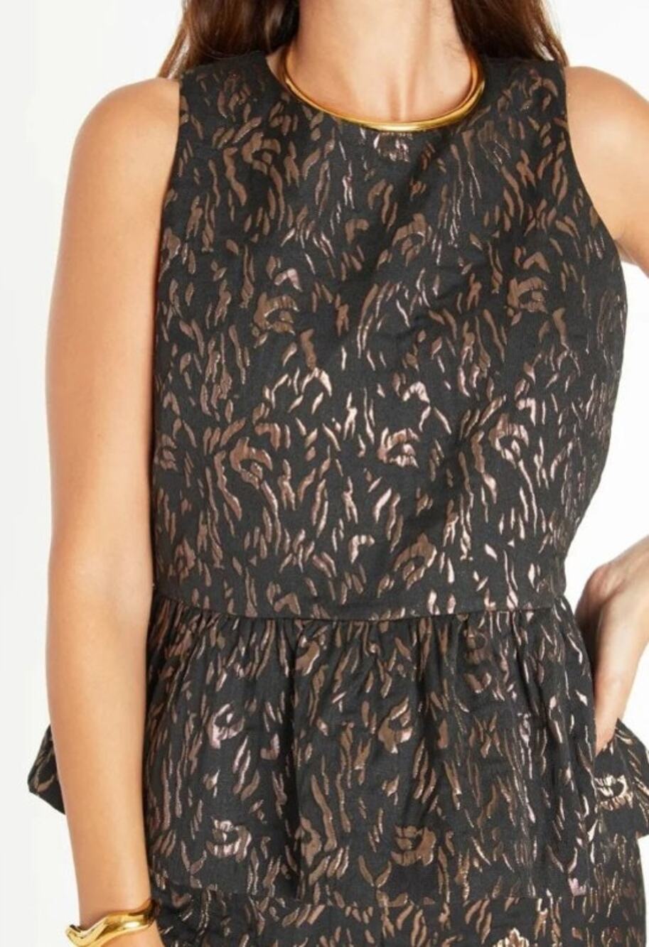 NWT Tanya Taylor Marsha Top Black Brown Metallic Jacquard Peplum Hem Size 2